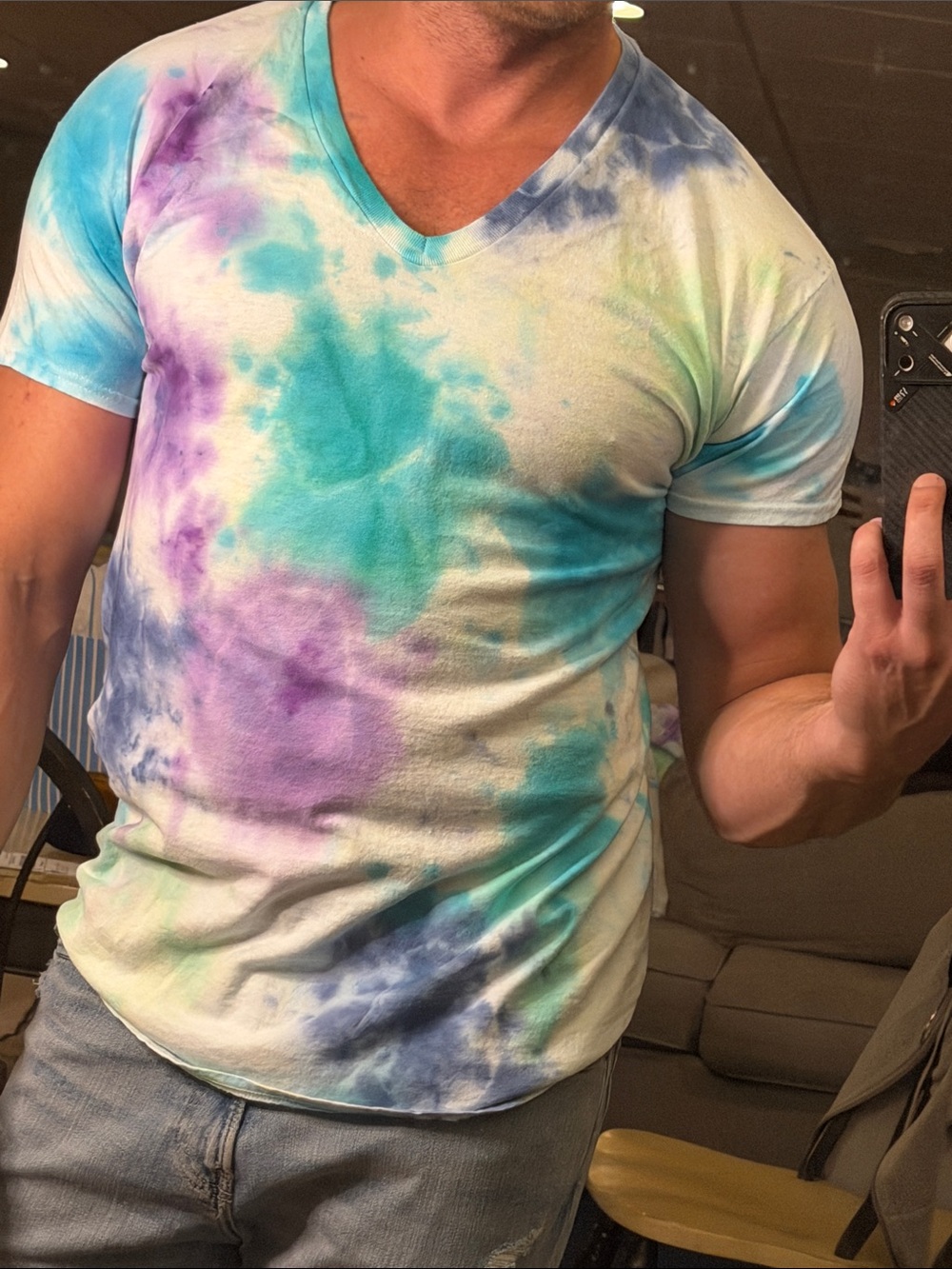 Hanes Tie-Dye V-Neck Shirt in Teal, Purple & Blue